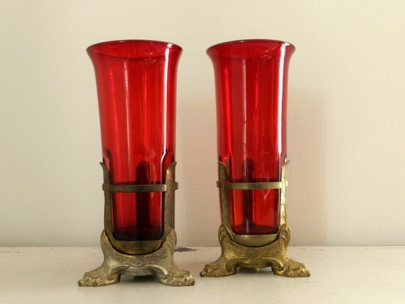Items similar to Antique Brass Candle Holders Red Glass Hurricanes