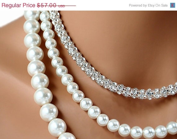 ON SALE Bridal Necklace Pearl Rhinestone Wedding Necklace Ivory Il_570xn