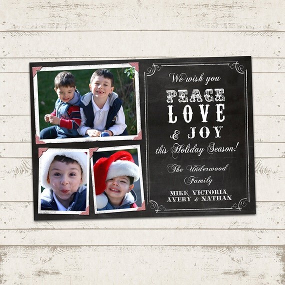 Custom Photo Christmas Card - 5x7 printable download - 3 Photo - Xmas, Peace, Love, Joy photo card, holiday, blackboard, vintage inspired Il_570xn