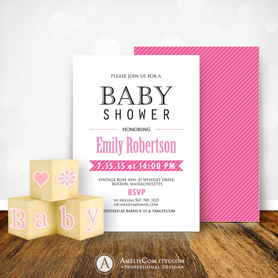 Girl Baby Shower Invitation Printable + Pink Striped Backside 5 x 7 ...