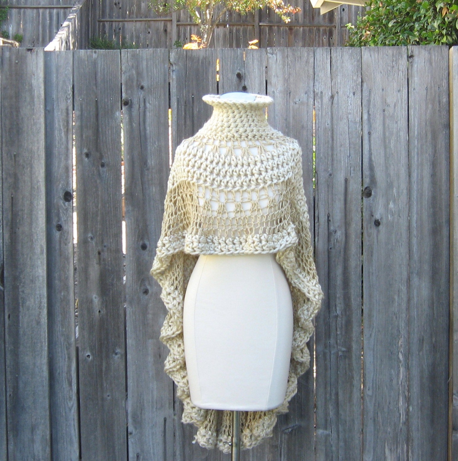 BEIGE CREAM PONCHO Crochet Knit Chic Boho Poncho Trendy Unique Feminine Victorian Elegant - marianavail