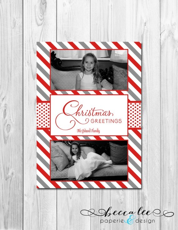 Printable Photo Holiday Card - Christmas Greetings - Red and Grey Stripe - 2 Photo - Customizable Il_570xn