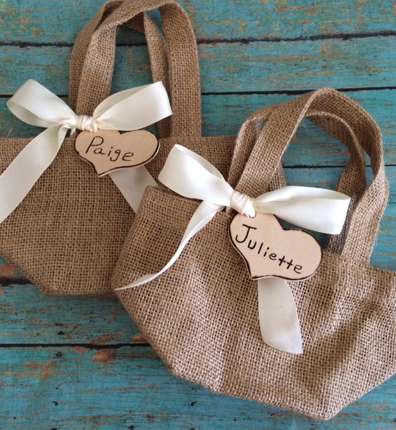 Rustic Flower Girl Basket - Personalized Name Heart -Bag- Burlap- Satin Ribbon-Rustic Wedding- Outdoor Wedding