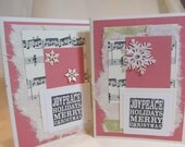 Handmade Card - Handmade Christmas Card - Hand Stamped Card - Black and Ivory -  Pink Accents - Mulberry Paper - Snowflakes - Musical Notes - PrettyByrdDesigns