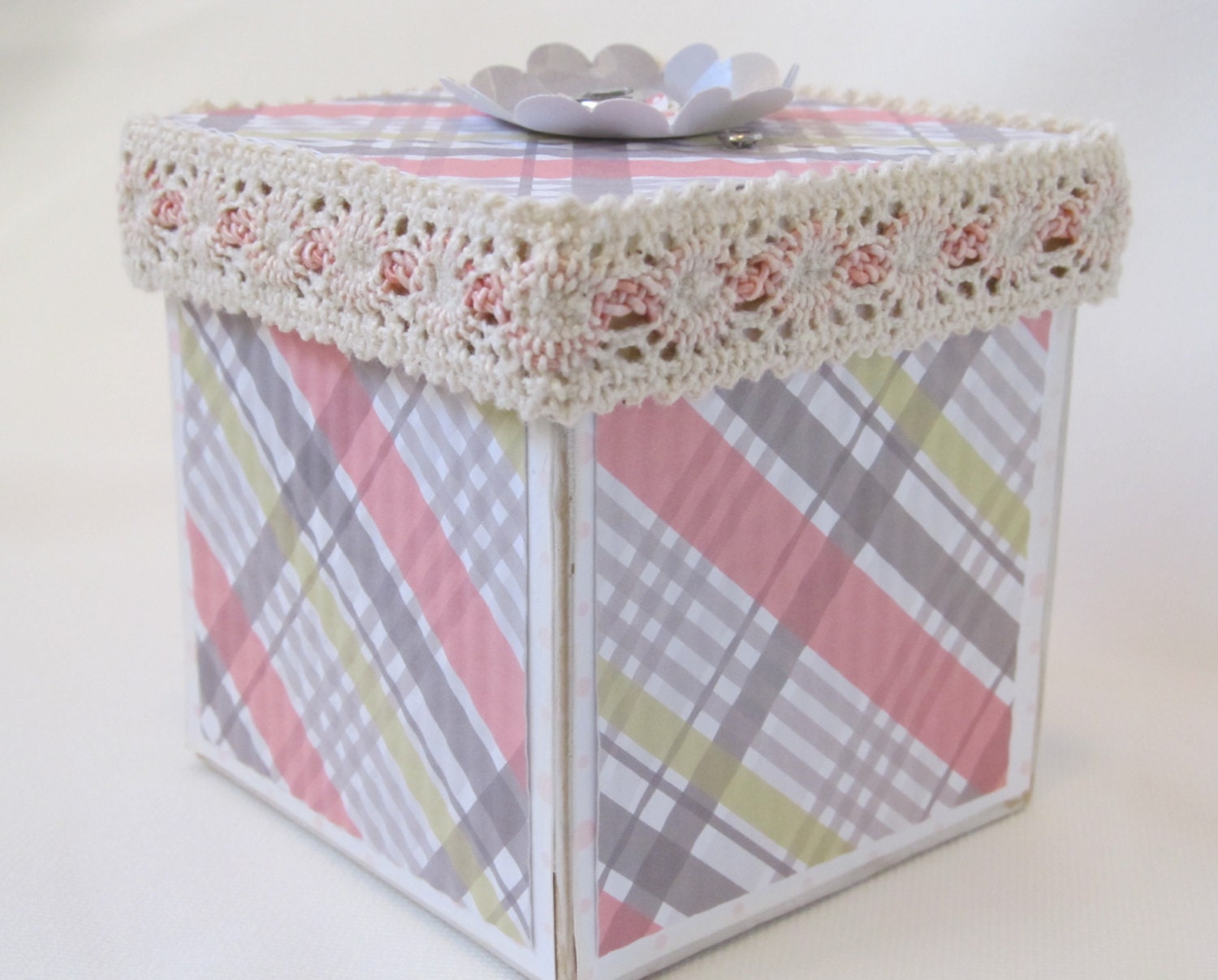 Repurposed Box - Decorative Box - Cottage Chic Style - Modern Flair - Pink and White Box - Gift Box - Vintage Lace Trim - Soft Grey Accents - PrettyByrdDesigns