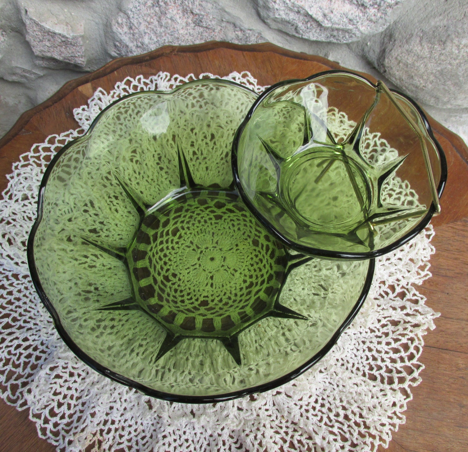 Vintage Green Glass Chip And Dip Bowl Combo Mid Century Modern Haute