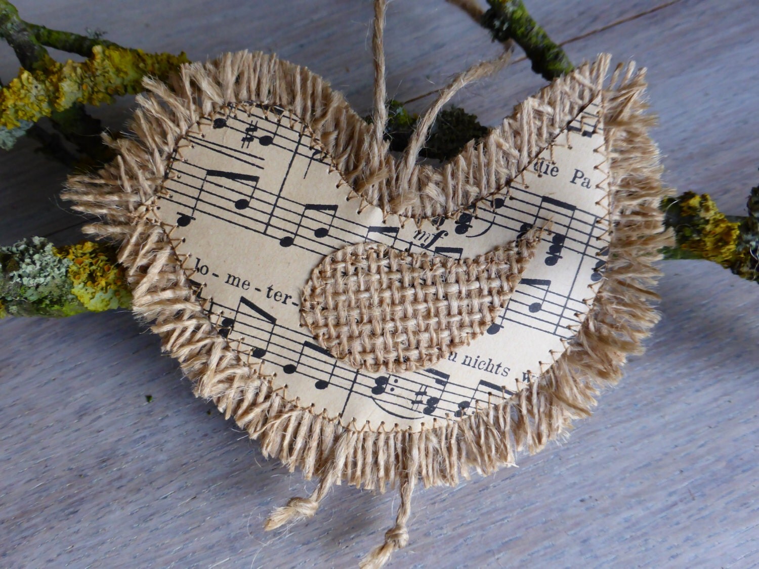 Rustic burlap bird decorated with vintage music paper- Home Decor -