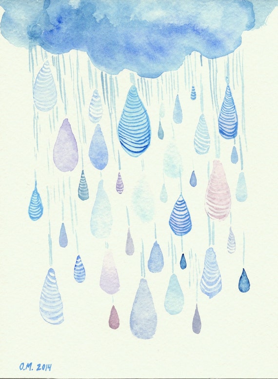 Rain Drops Original Watercolor Painting Spring Rain by PoofyDove