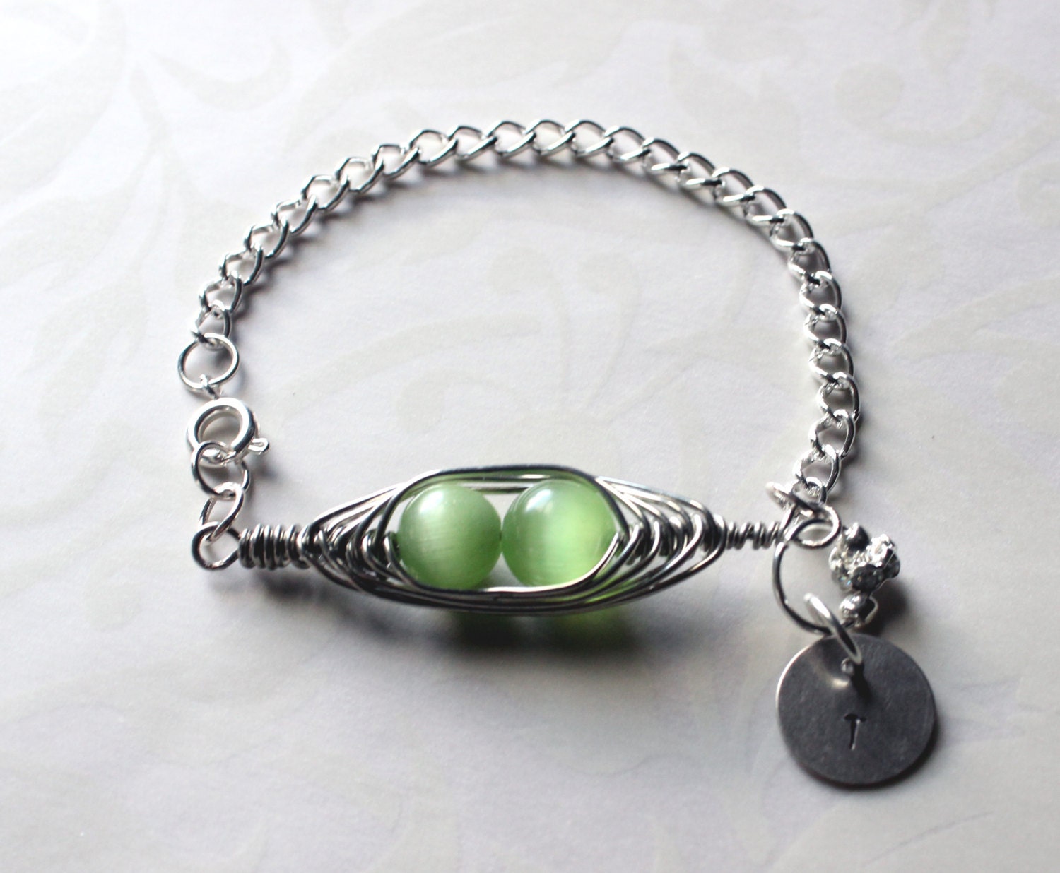 Green Peapod Bracelet- Personalize- Initial , Handstamped-Express Yourself - Handcrafted, Wirewrapped - RTStyles