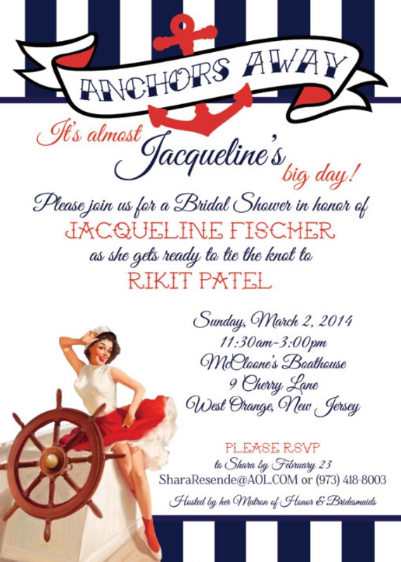 Nautical Bridal Shower Invitation - Conservative Pin-Up - Navy and Red