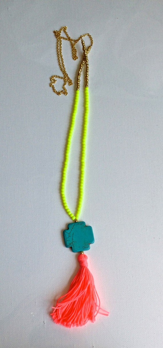 Turquoise Cross Neon Yellow Beaded Tassel Necklace