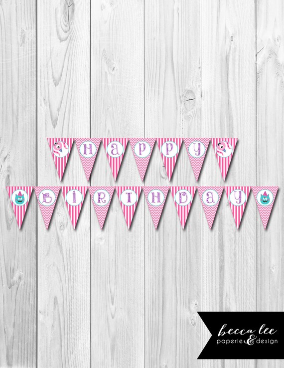 INSTANT DOWNLOAD - Happy Birthday Banner - Little Monster Girls Theme - Pink Blue and Purple - DIY - Printable Il_570xn