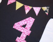 Girls 4th Birthday Shirt - 4t long sleeved number 4 and pennant banner in navy and pink - ThePolkaDotTotSpot