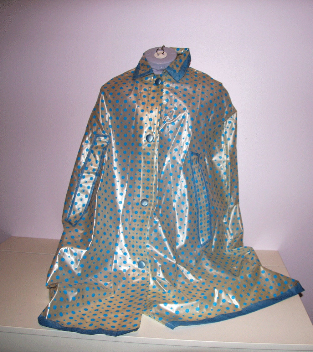 Vintage 1960s Vinyl Rain Cape Blue Polka Dot Translucent