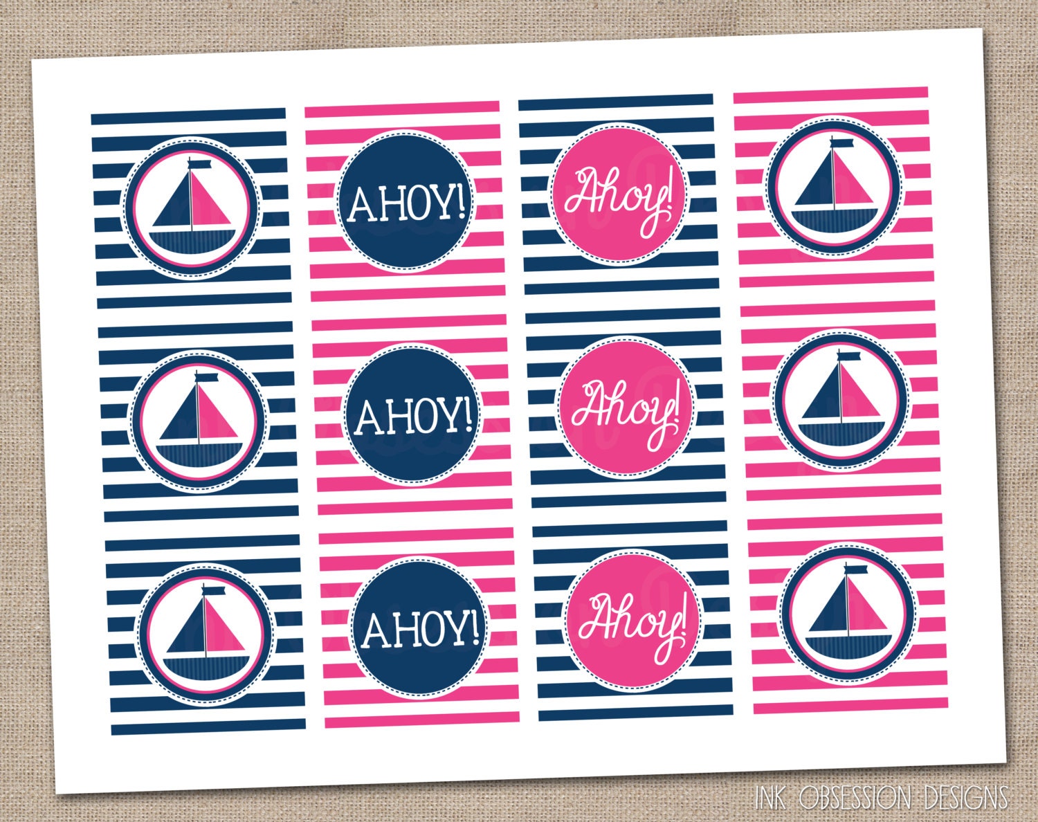 Cupcake Topper Printable PDF Pink Girls Nautical Sailboat - INSTANT DOWNLOAD Il_570xn