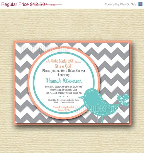 HOLIDAY SALE 10% off Preppy Chevron Bird Baby Shower Invitation - Gray Coral and Turquoise - PRINTABLE Invitation Design Il_570xn