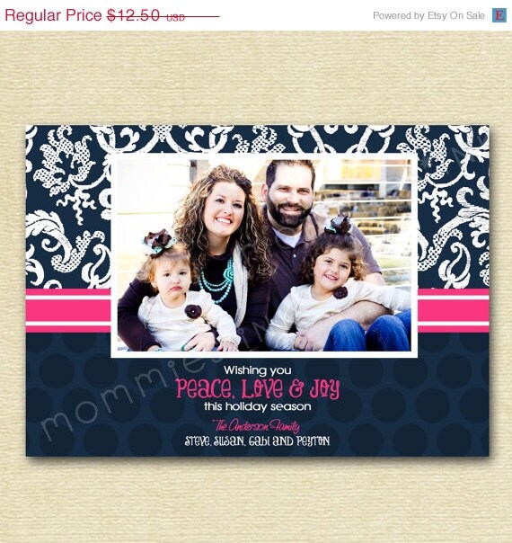 HOLIDAY SALE 10% off Bold Navy and Pink Damask and Dots Christmas Card - PRINTABLE Card Design Il_570xn