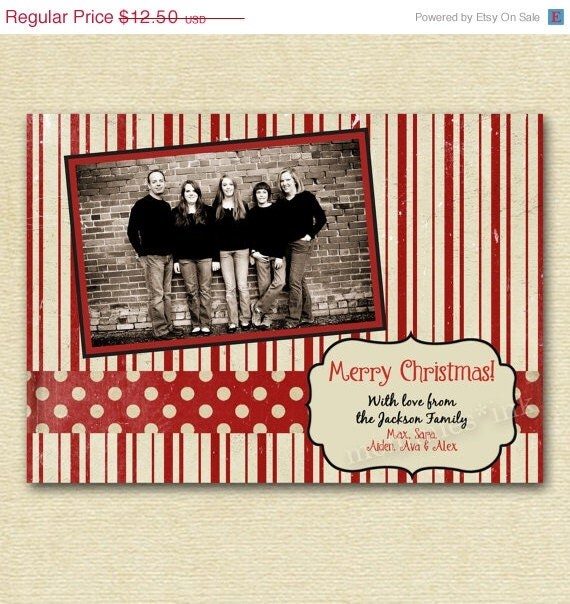 10% Off Holiday Sale Shabby Candy Cane Stripe and Polka Dots Single Photo Christmas Card - PRINTABLE CARD DESIGN Il_570xn