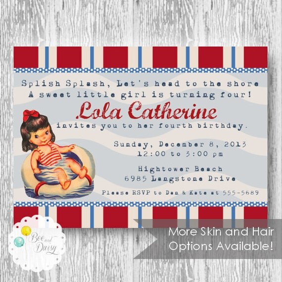 Vintage Pool Party Printable Invitation for Baby Shower or Birthday Party DIY Invite by BeeAndDaisy CHOOSE Blonde or Brown Hair Il_570xn