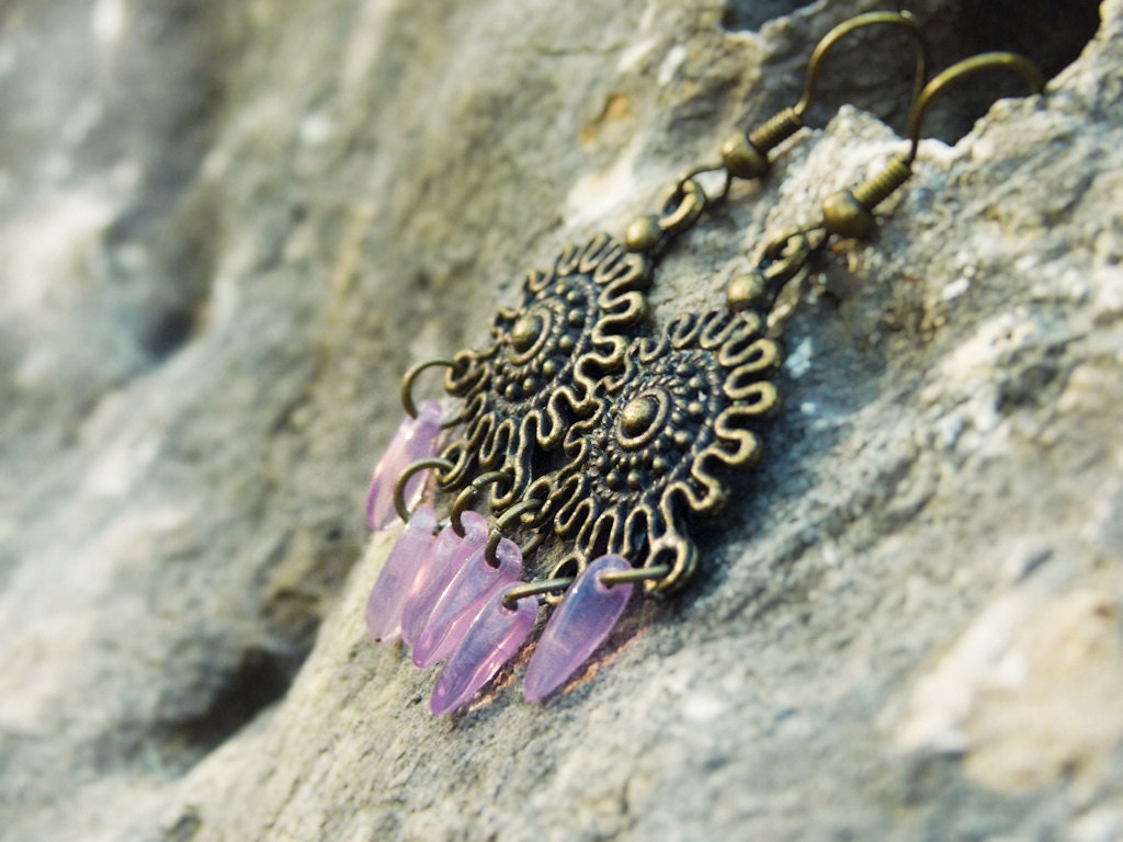 Tribal chandelier earrings, Light purple drops boho chic earrings. Tribal shield collection, Bohemian jewelry, Ethnic  earrings. 2014 trend