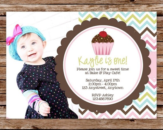 Custom Printable Chevron Cupcake Birthday Party Invitation with photo Il_570xn
