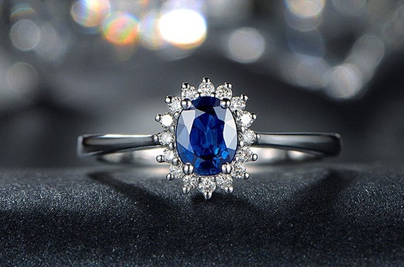 Engagement Ring -  1.5 Carat Blue Sapphire Ring With Diamonds In 14K White Gold