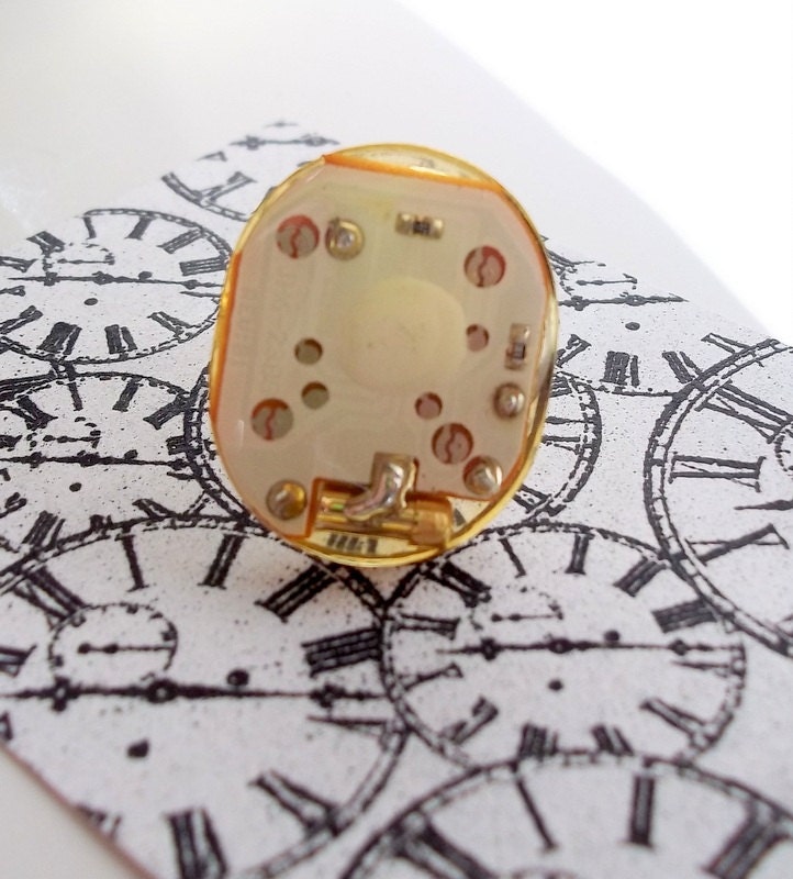 Resin Dipped Watch Battery with Circuit Board on Adjustable Ring // Geek Chic Ring TIME STOOD STILL - jillianlyonsdesigns