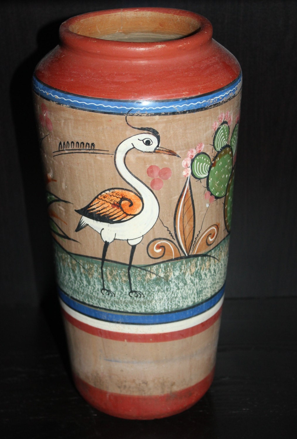 Vintage Painted Mexican Pottery Tonala Large Vase Signed I