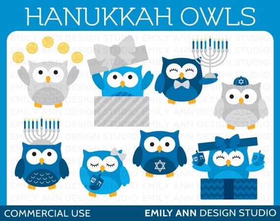 Owls Hanukkah Jewish Menorah Yamaka Dreidel Cute Clip Art - Commercial Use - Scrapbooking Invitations Cards - Instant Download Il_570xn