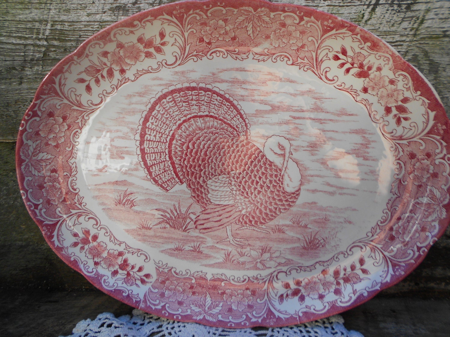 Antique LARGE Red Turkey Serving Platter 16 by CottonCreekCottage