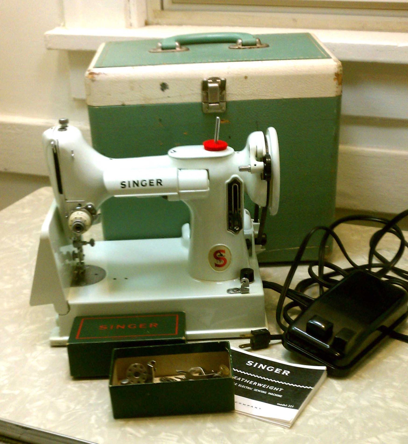 Vintage Singer Featherweight Portable Sewing Machine RARE White 221 K Model Mid Century Modern with Case & Extras