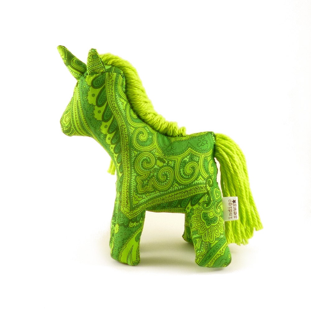 Green paisley unicorn toy, cloth unicorn, stuffed animal unicorn toy, emerald green, lime green - IndigoSews