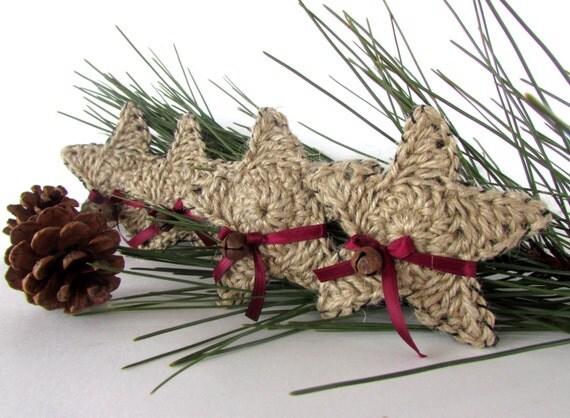 Items similar to Crochet Jute Twine Star Ornaments,Set of Four, Felt