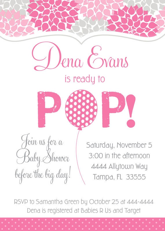 Ready to Pop Balloon Pink & Grey Baby Shower Invitation - Any Colors - Printable Il_570xn