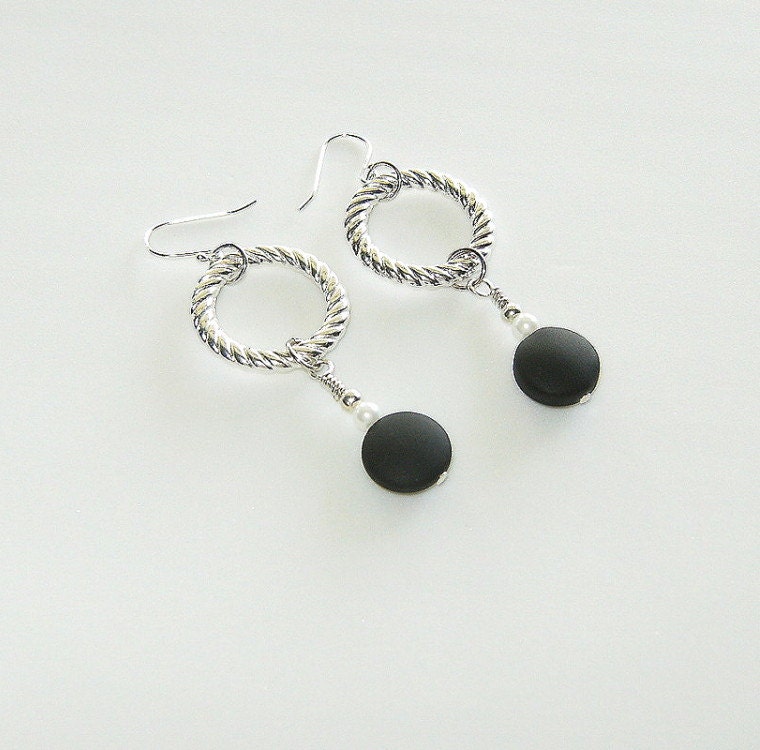 Black Sea Glass and Silver Earrings - BevmarDesigns