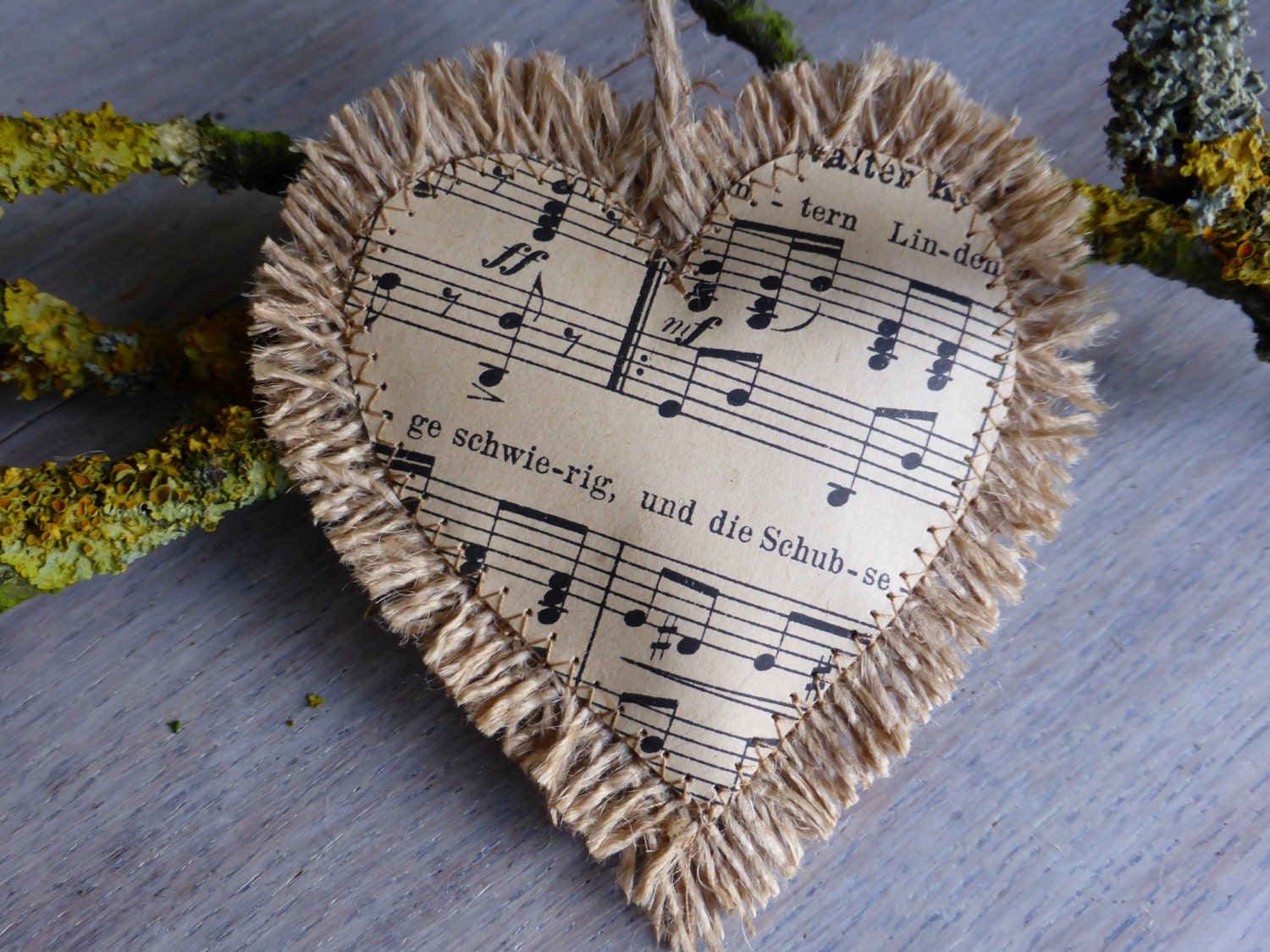 Rustic burlap heart decorated with vintage music paper- Home Decor -