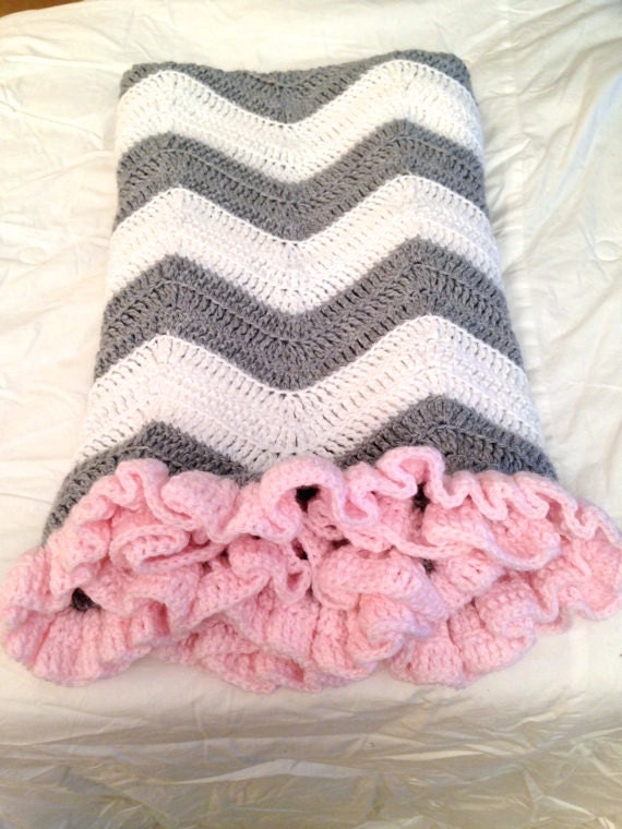 Beautiful Crochet Baby Blanket Grey and White Chevron with Pink
