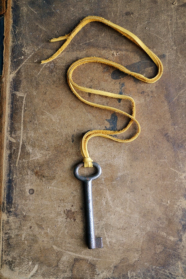 The Sunshine Key - Vintage Skeleton Key Necklace - Golden Deerskin Lace Cord - Antique Key - Keytiques