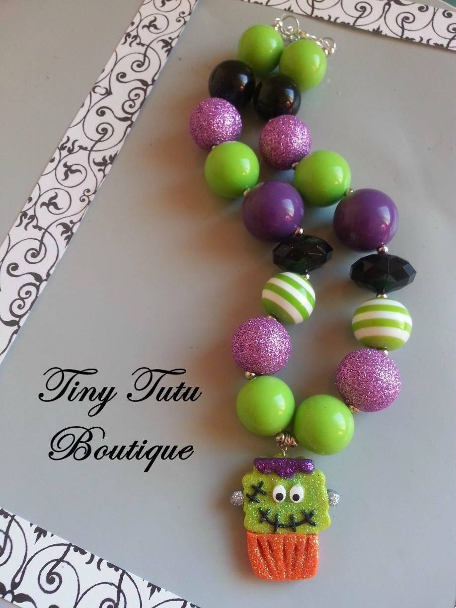 FRANKENSTEIN Chunky Necklace- Chunky bubblegum necklace, Girls chunky necklace, Gumball necklace, Bottle Cap necklace - TinyTutuBoutique