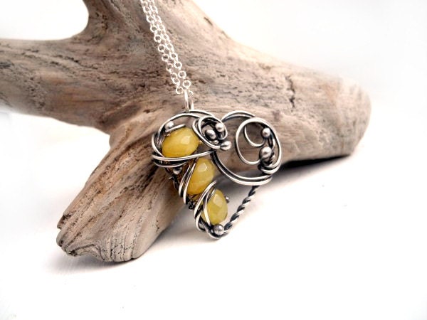 Yellow Chalcedony Heart necklace, Silver necklace for Valentine's Day, yellow Love necklace,honey exclusive necklace for her with Chalcedony - NurrgulaJewellery