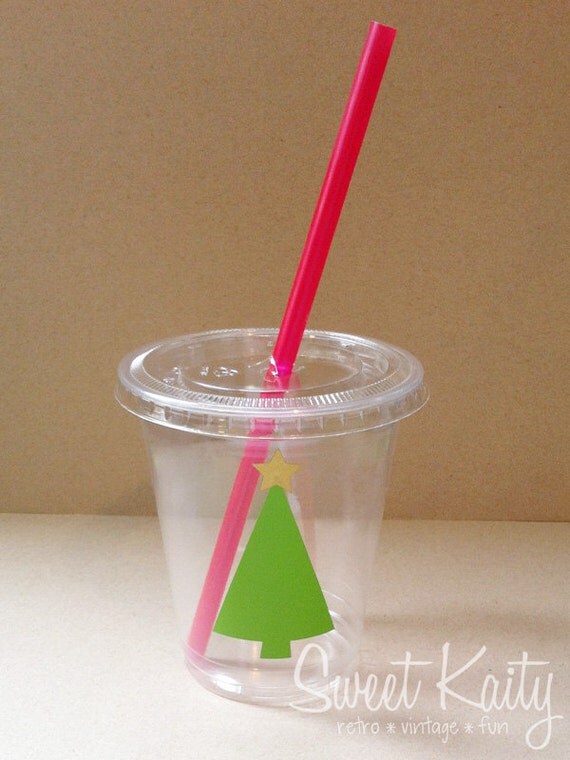 24 Christmas Tree Party Cups, Lids and Plastic Straws - 12 oz or 16 oz - Vinyl Tree Decal with Metallic Gold Star - Christmas, Holiday Party Il_570xn