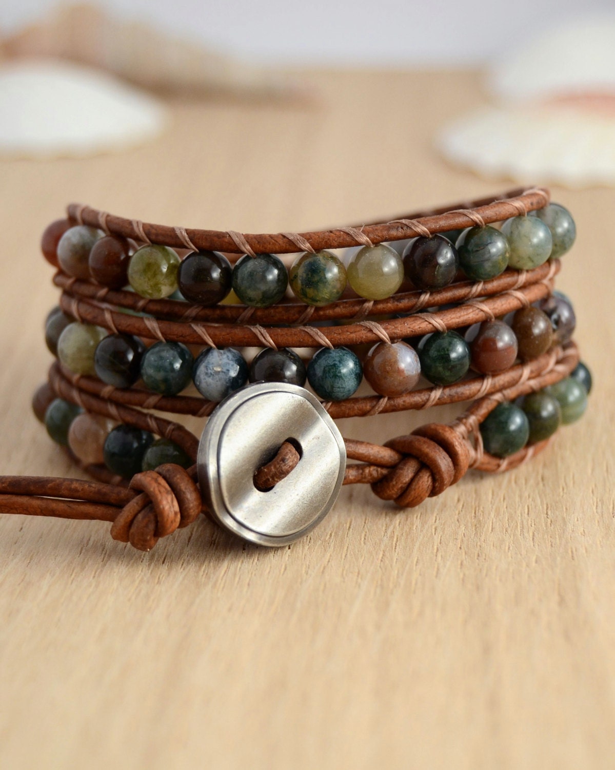 Beaded leather bracelet. Triple wrap bracelet. Natural jewelry