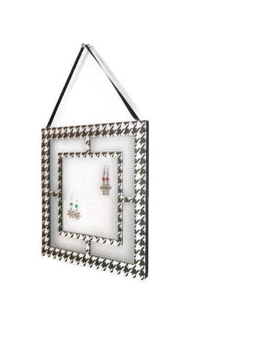 Hanging Earring Tree, Jewelry Organizer, Frame Earring Holder, Houndstooth, Black and White, Geometric Trends, Upcycled Frame - JustAddJewelry