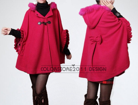 mantello rosso rosa lana Cashmere Cape cappotto cappotto doppio petto pulsante cappotto mantello cappuccio felpa con cappuccio cape Cape dy31 M, L