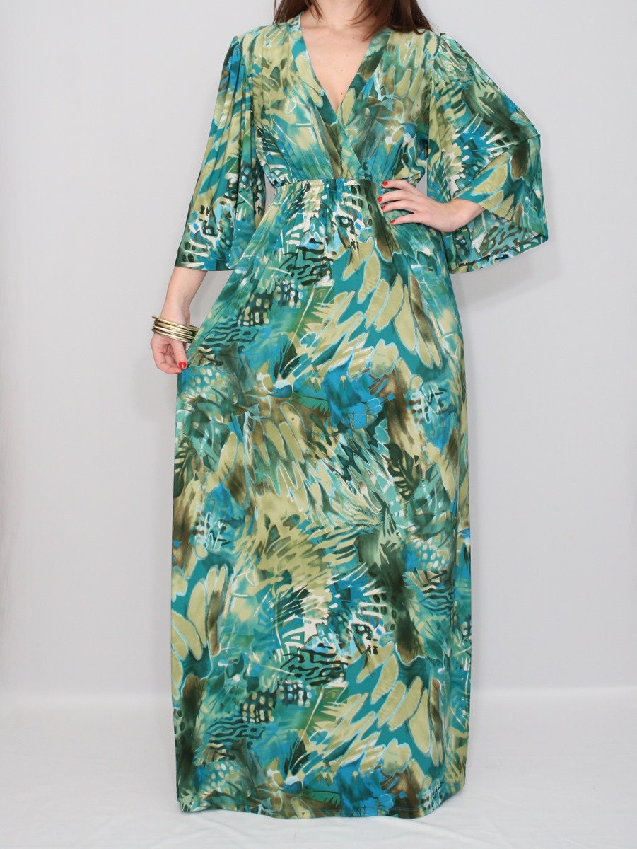 Maxi Dress Kimono sleeve Dress Green Blue dress for Women - KSclothing