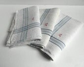 Three beautiful large French linen tea towels, red monogram JL . Blue stripe. - frenchvintagedream