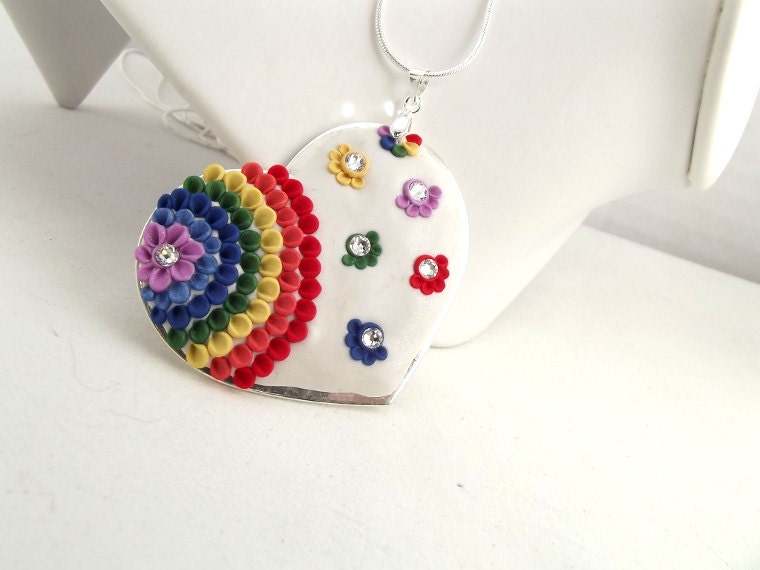 Rainbow Heart Pendant Clay Floral Multicolour  Heart Gift Valentines Day  Heart Gift Ready To Ship Spring Silver  Necklace Under 50 Dollars - TunicBotik