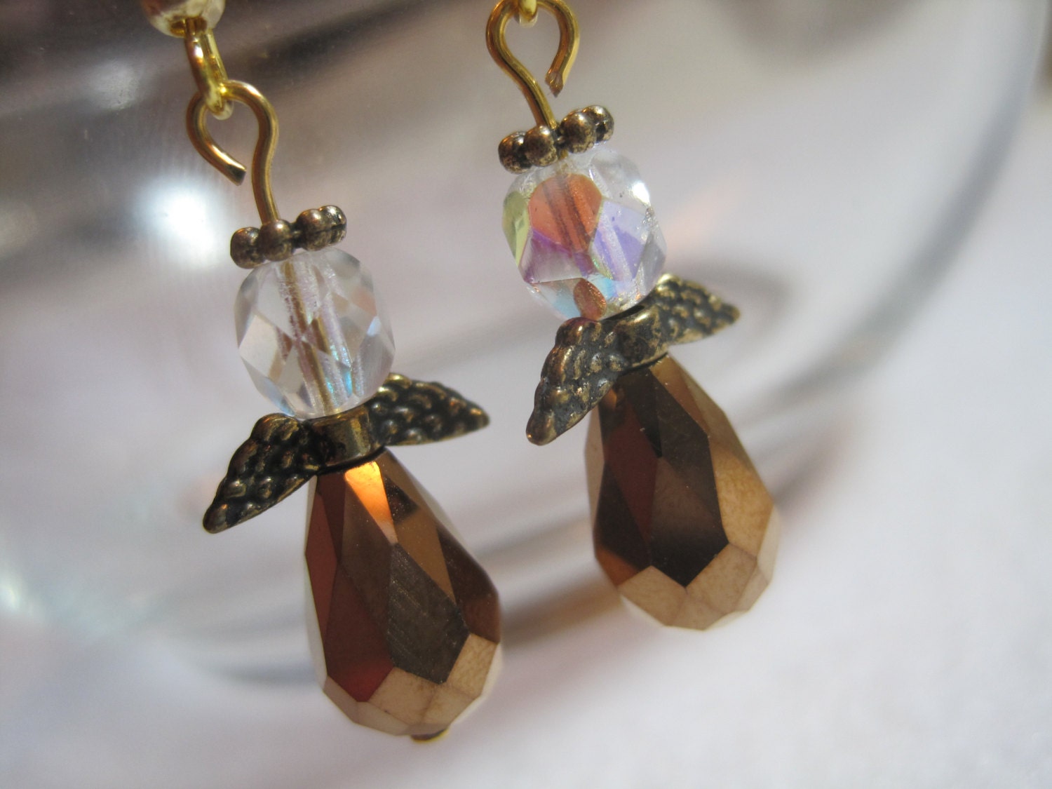Beaded angel earrings. Copper angels. Guardian angel jewelry. Crystal earrings. Angel wings and halo. Copper color earrings. Angel jewelry. - ArtsParadis