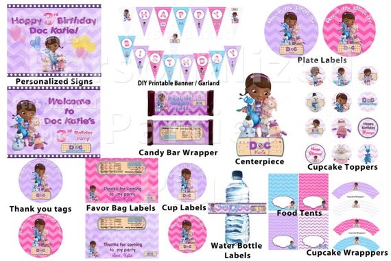 Personalized Doc McStuffins birthday party pack: banner, cupcake toppers, water bottle labels, plates, cups, signs, candy bar wrapper... Il_570xn