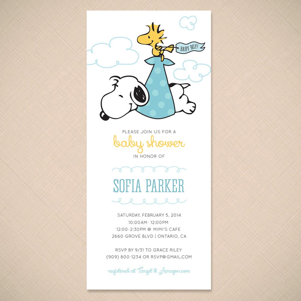 Snoopy and Woodstock Stork Cute Baby Shower Invitation Printable ...